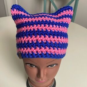 Julzyraye Crocheted Pink and Royal Blue Cathat Beanie- brown leather logo-unisex